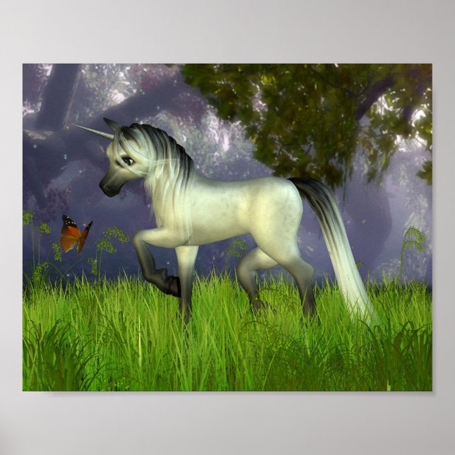 Poster Cute Toon Unicorn avec Arrière - plan Woodland (Devant)
