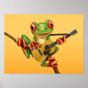 Poster Cute Tree Frog Jouer une guitare acoustique Jaune
