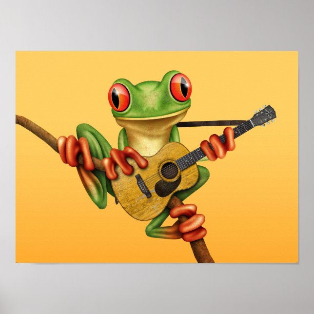 Poster Cute Tree Frog Jouer une guitare acoustique Jaune (Devant)