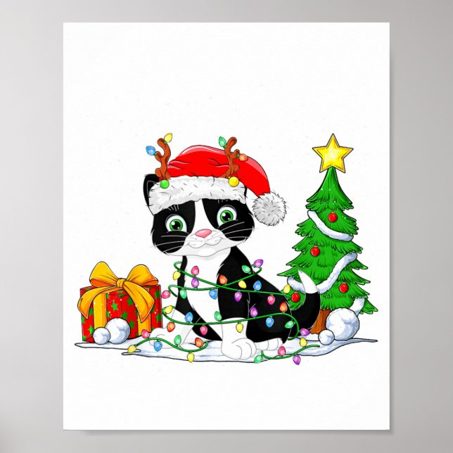 Poster Cute Tuxedo Cat Santa Christmas Tree Lights Xmas T (Devant)