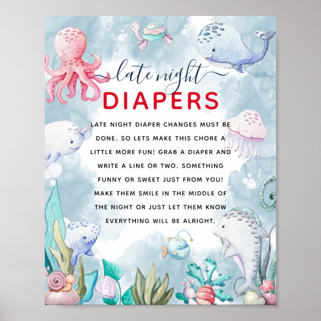 Poster Cute Under the Sea Baby shower "Late Night Diaper" (Devant)