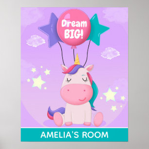 Poster Cute Unicorn et Ballons Dream Big Personnalisé