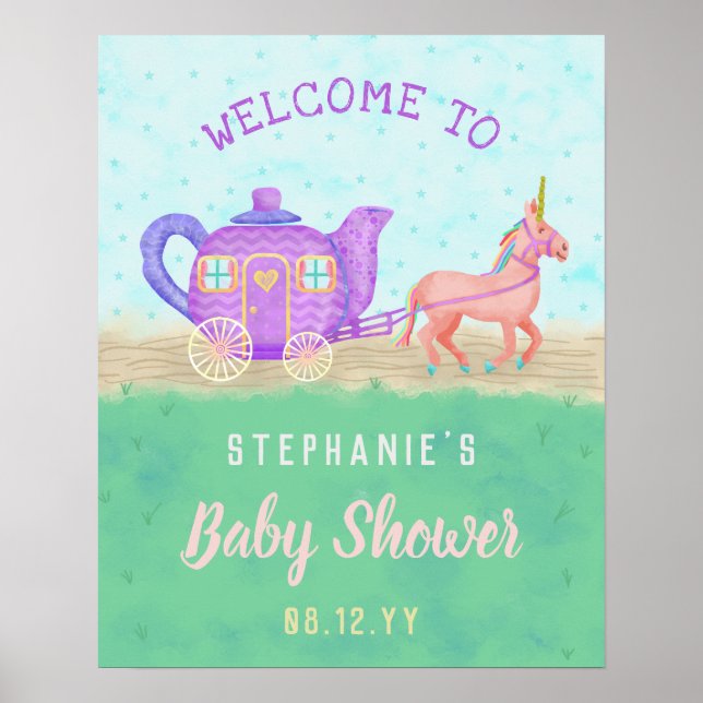 Poster Cute Unicorn Tea Party Baby shower Chariot (Devant)