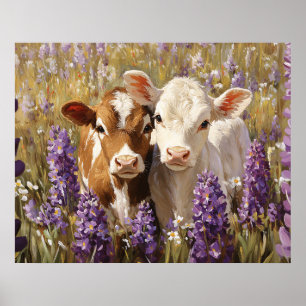 Poster Cute Vaches Laitières Calves Lupines Fleurs