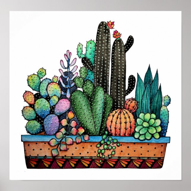 Poster Cute Watercolor Cactus Garden (Devant)