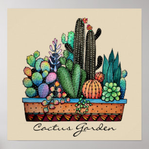Poster Cute Watercolor Cactus Garden