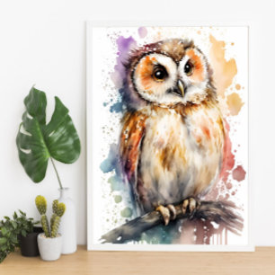 Poster Cute Watercolor Cute Owl Woodland Nursery
