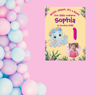 Poster Cute Whimsical Floral Octopus Anniversaire Bienven