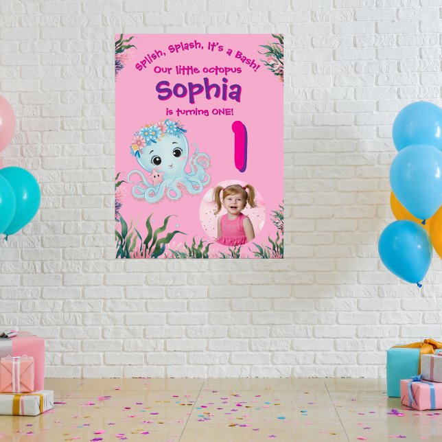 Poster Cute Whimsical Floral Octopus Anniversaire Bienven (Créateur téléchargé)