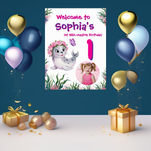 Poster Cute Whimsical Floral Sealion Anniversaire Bienven