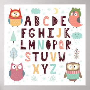 Poster Cute Whimsical Owls ABC Letters Alphabet Education