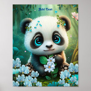 Poster Cute Whimsical Panda Blue Flower Garden Nursery