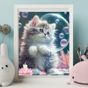 Poster Cute White Chat jouer avec Bubbles Art Nursery