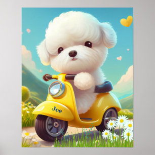 Poster Cute White Chien Chien Chien chevauchant un scoote