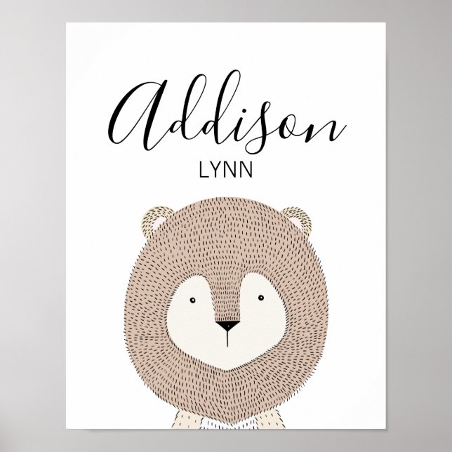 Poster Cute Wild Animals Lion Nom bébé Nursery Imprimer (Devant)