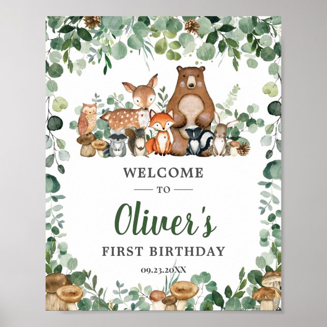 Poster Cute Woodland Animaux Verdure Anniversaire Bienven (Devant)