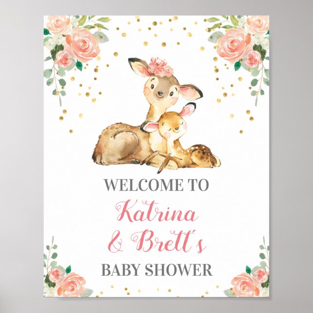 Poster Cute Woodland Deer Co-Ed Baby Girl Shower Bienvenu (Devant)