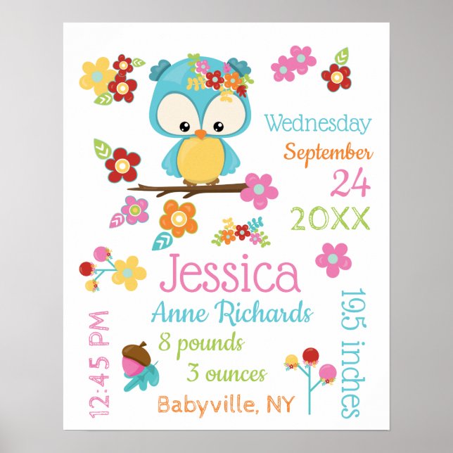 Poster Cute Woodland Owl Baby Girl Birth Record Statistiq (Devant)