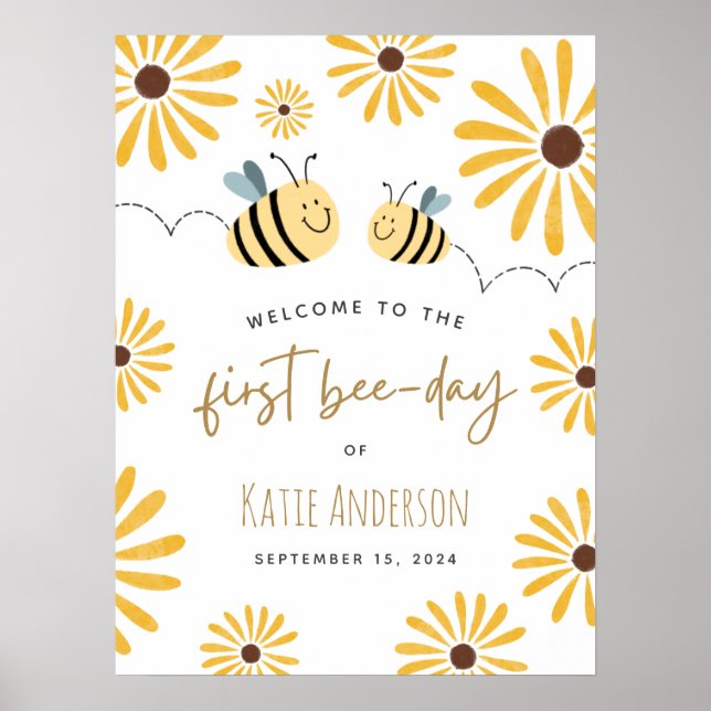 Poster Cute Yellow Bee Sunflower First Bee-day Welcome (Devant)