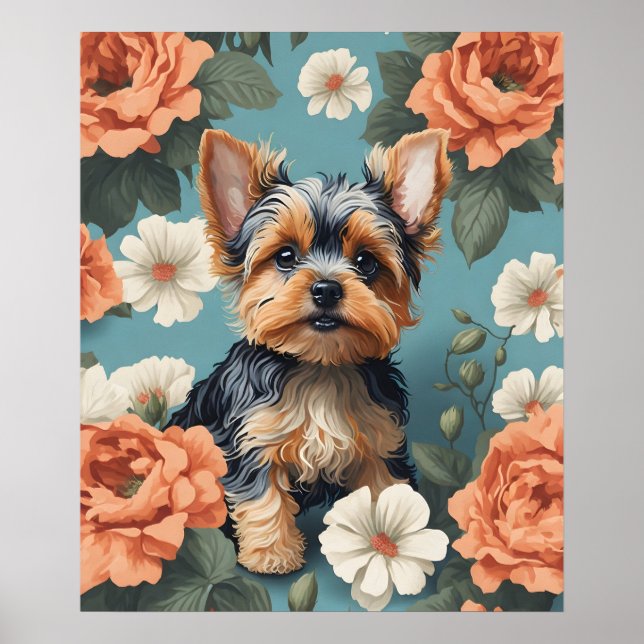 Poster Cute Yorkshire Terrier Puppy Floral (Devant)