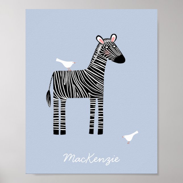 Poster Cute Zebra Nom personnalisé bleu (Devant)