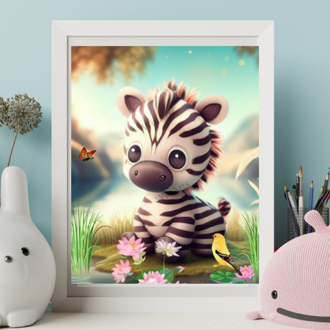 Poster Cute Zebra près d'un étang avec fleurs et oiseaux  (Créateur téléchargé)