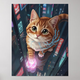Poster Cyber Cat Neon City   Urbain Tabby Feline