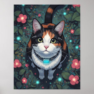Poster Cyber fleur de chat Feline cybernétique florale