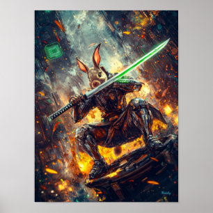 Poster Cyber Ronin Rabbit – Gardien de la lame néon