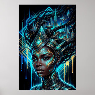 Poster Cyberpunk Afrofuturisme Cité Néon Reine Noire