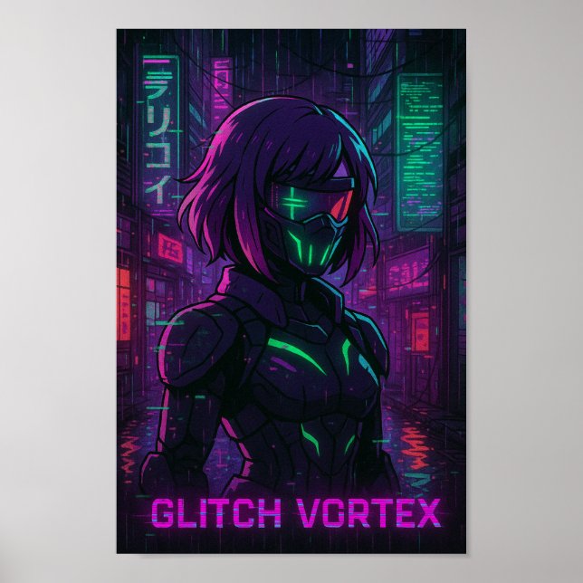 Poster Cyberpunk Anime Girl in Neon Cityscape (Devant)