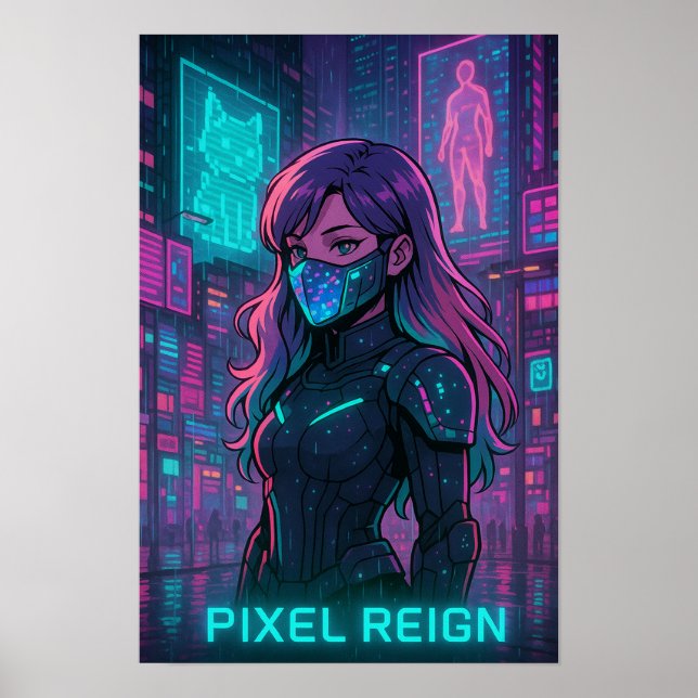 Poster Cyberpunk Anime Girl - Pixel City (Devant)
