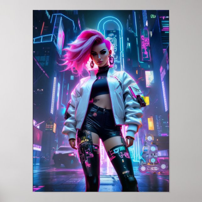 Poster Cyberpunk belle femme dans la future ville (Devant)