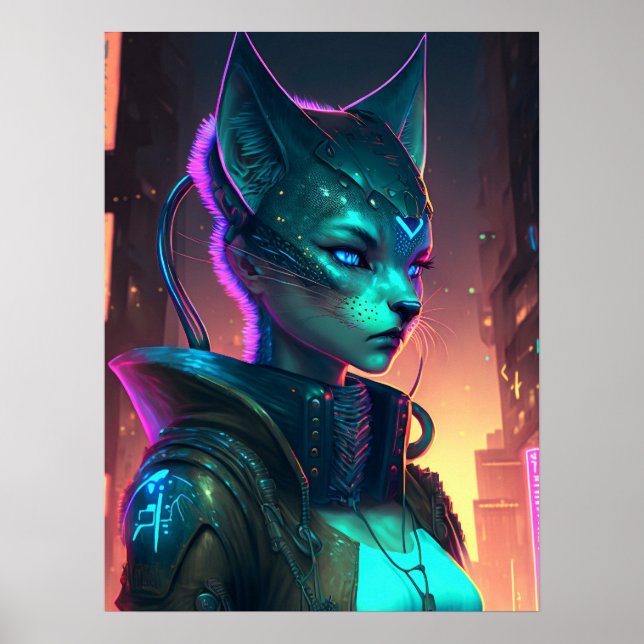 Poster Cyberpunk chat femme dans la ville de néon (Devant)