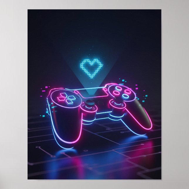 Poster Cyberpunk Gaming Controller – Neon Pixel Heart (Devant)
