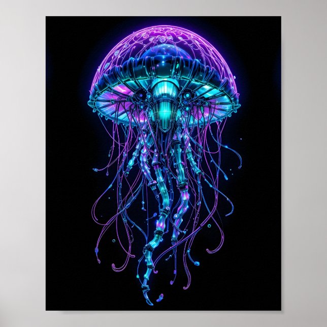 Poster Cyberpunk Jellyfish – Neon Bioluminescent Deep Sea (Devant)