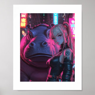 Poster Cyberpunk Moodengcoin Waifu & Hippo Crypto