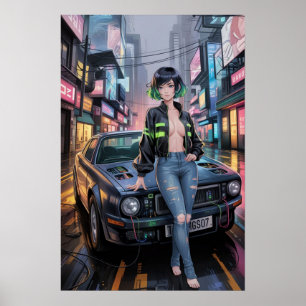 Poster Cyberpunk Street Racer - Futuristic Anime Girl & R