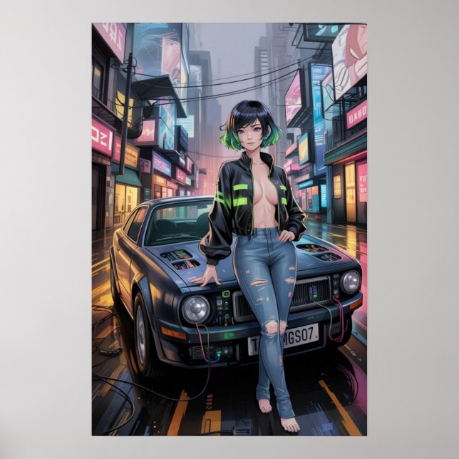 Poster Cyberpunk Street Racer - Futuristic Anime Girl & R (Devant)