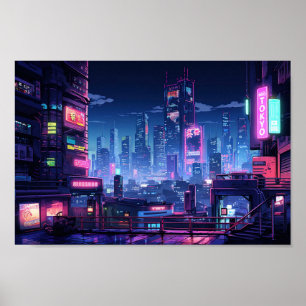 Poster Cyberpunk Tokyo Ville sur le toit