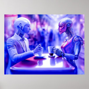 Poster Cyborgs couple manger des boissons au café de rue