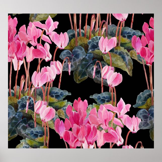 Poster Cyclamen rose : Aquarelle florale foncée (Devant)