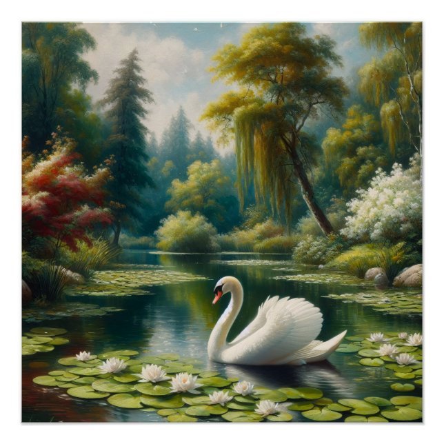Poster Cygne blanc sur le lac Impressionnisme Découpage (Devant)