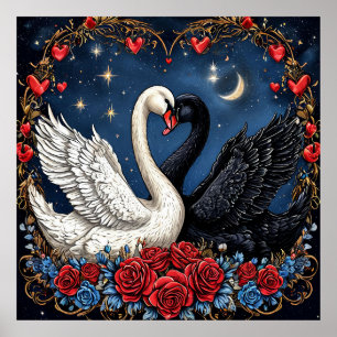 Poster Cygnes blancs et noirs avec Coeurs et Roses
