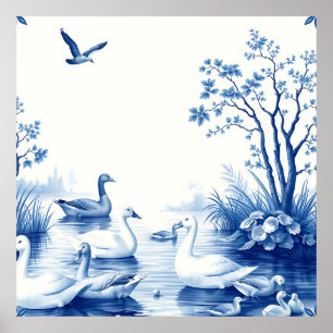 Poster Cygnes de Blue Willow sur un lac