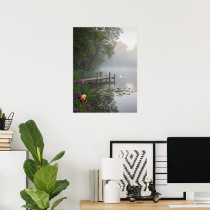 Poster Cygnes du lac brumeux Nymphéas Art de la nature
