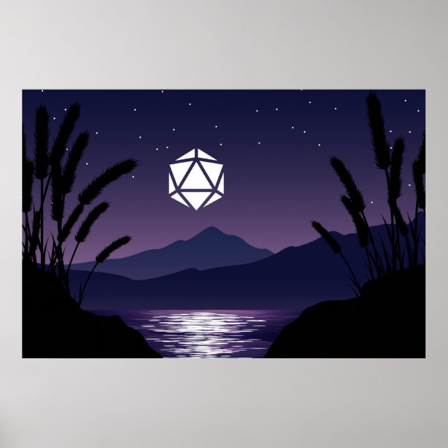 Poster D20 Dice Moon Beach Reflection Tabletop RPG (Devant)