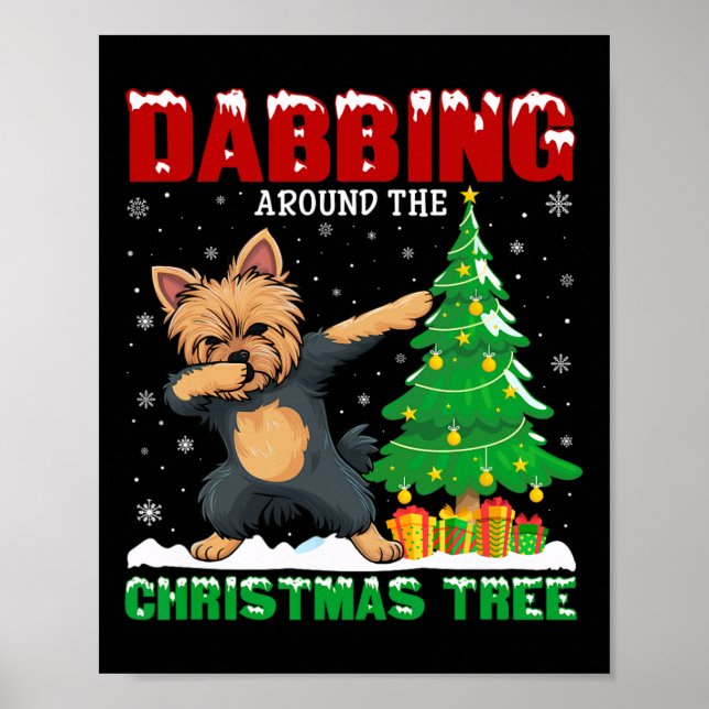 Poster Dabbing Autour De L'Arbre De Noël Yorkie Chien Noë (Devant)