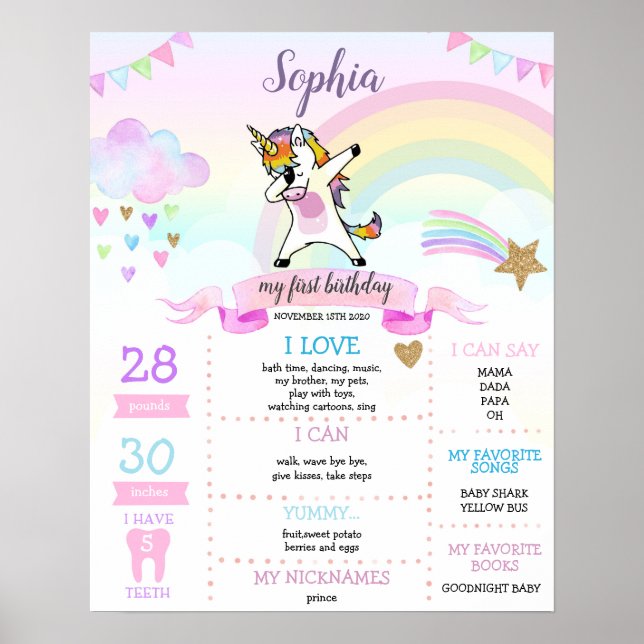 Poster Dabbing Unicorn Girl Premier anniversaire Jalon (Devant)