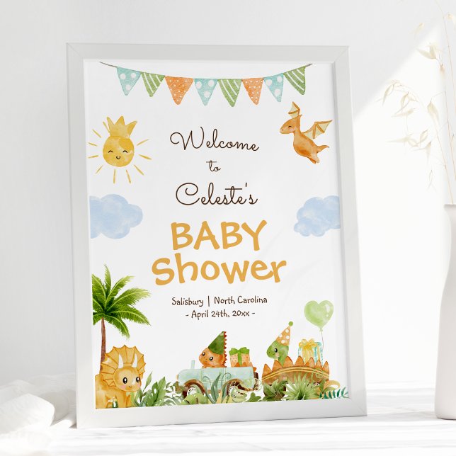Poster d'accueil Baby shower blanc Dinosaur modern (Créateur téléchargé)